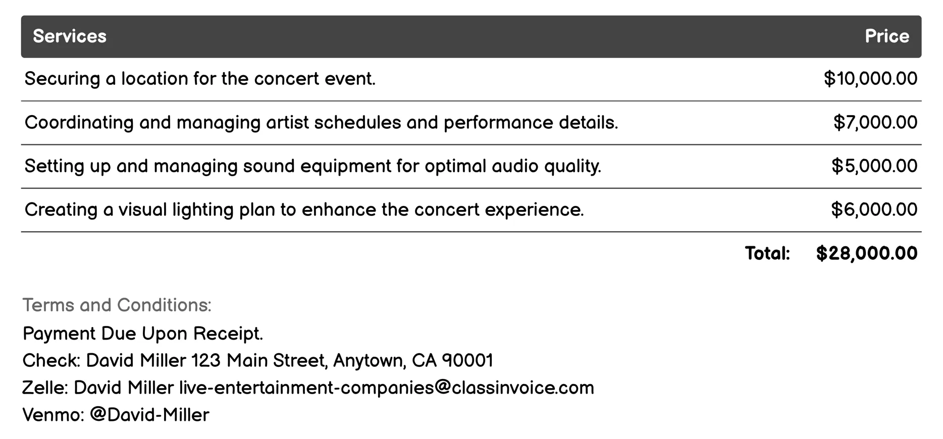 Concert Productions Invoice Example
