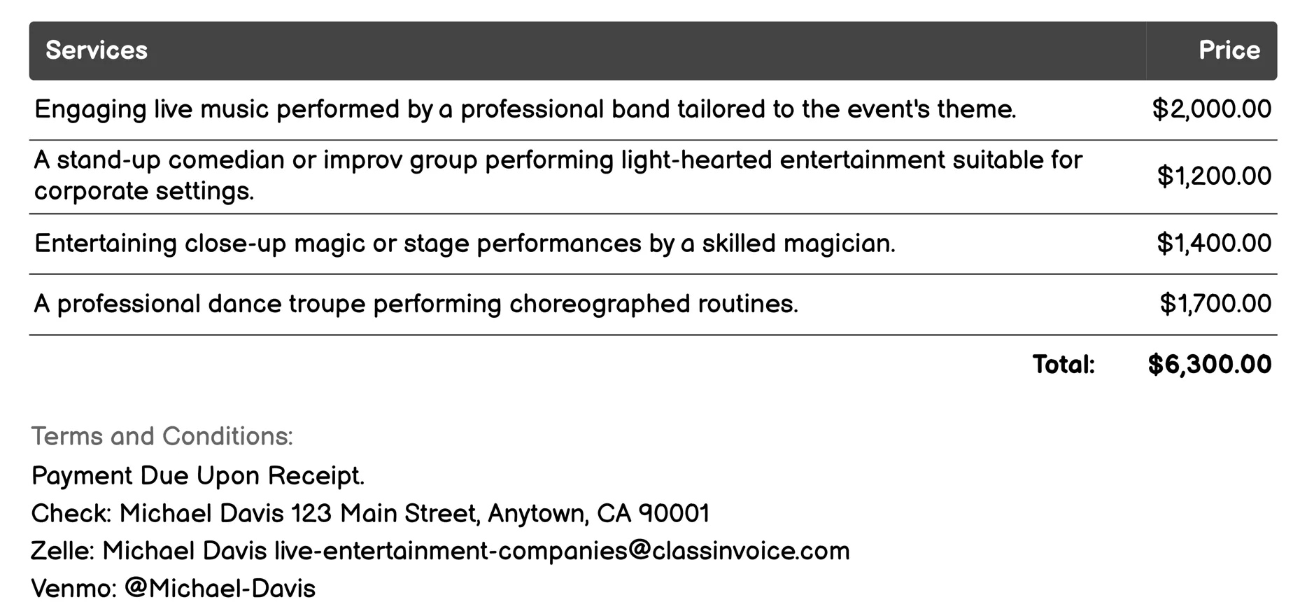 Corporate Events & Galas Invoice Example