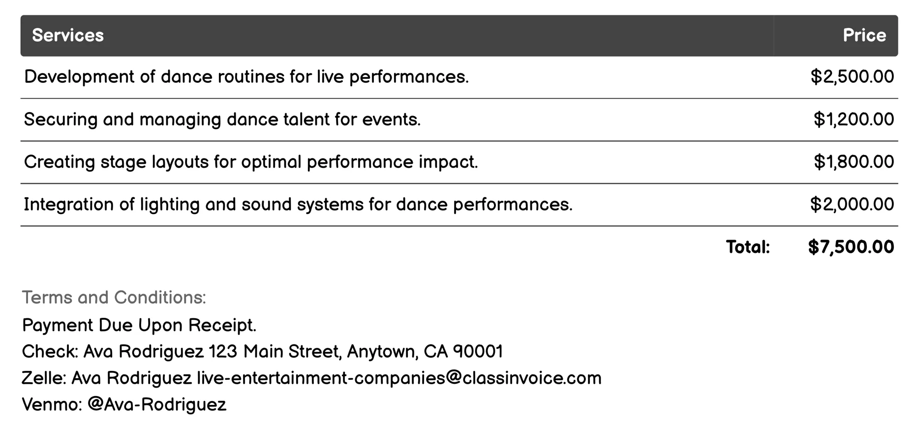 Dance Performances Invoice Example
