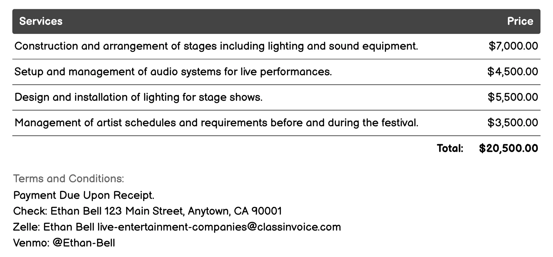 Live Music Festivals Invoice Example
