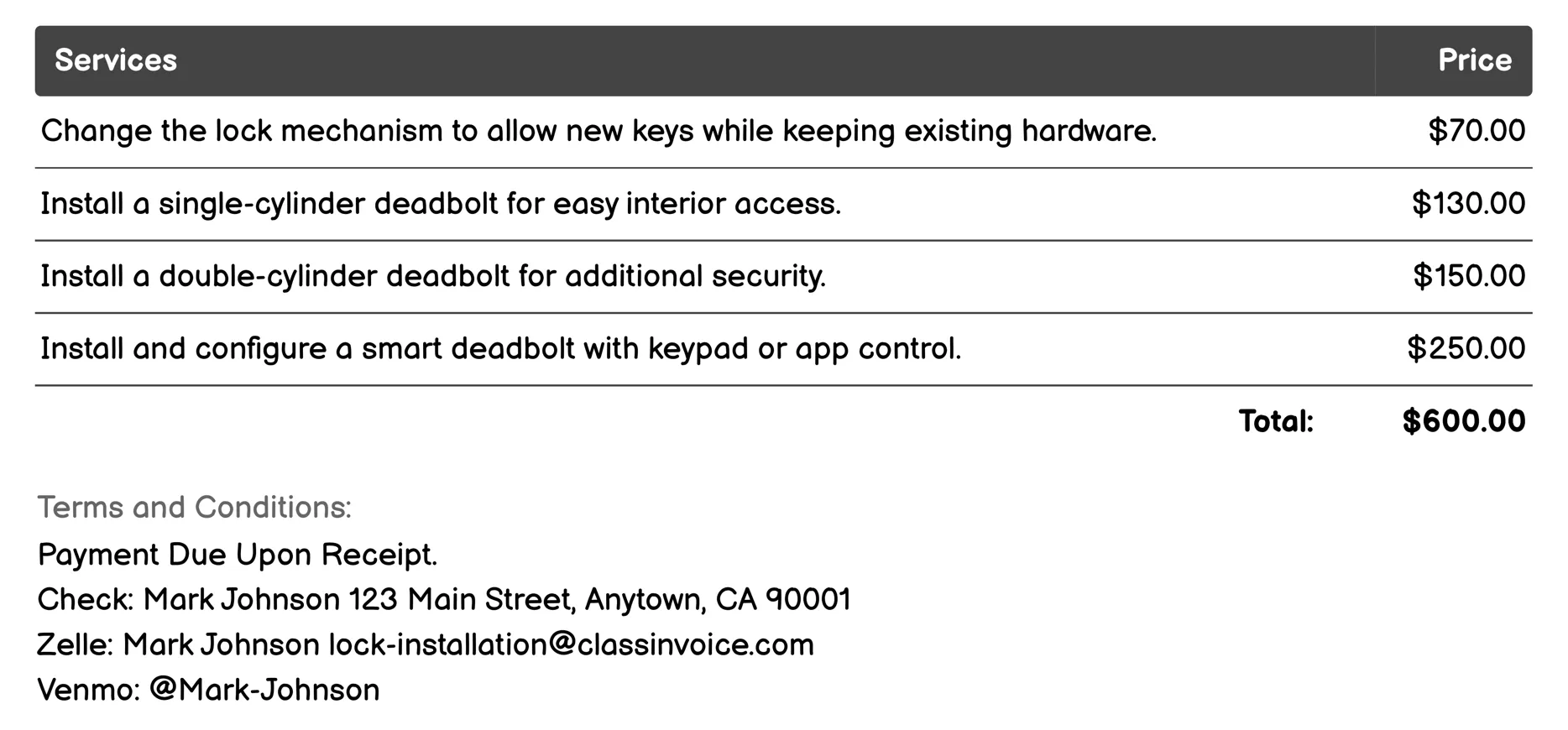 Deadbolt Lock Installation Invoice Example