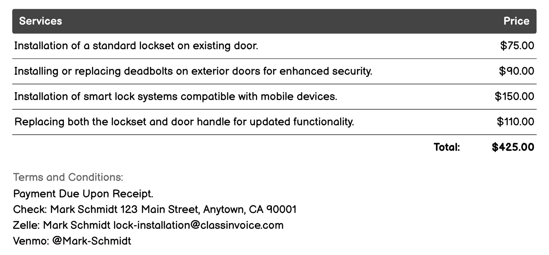 Lockset Replacement Invoice Example