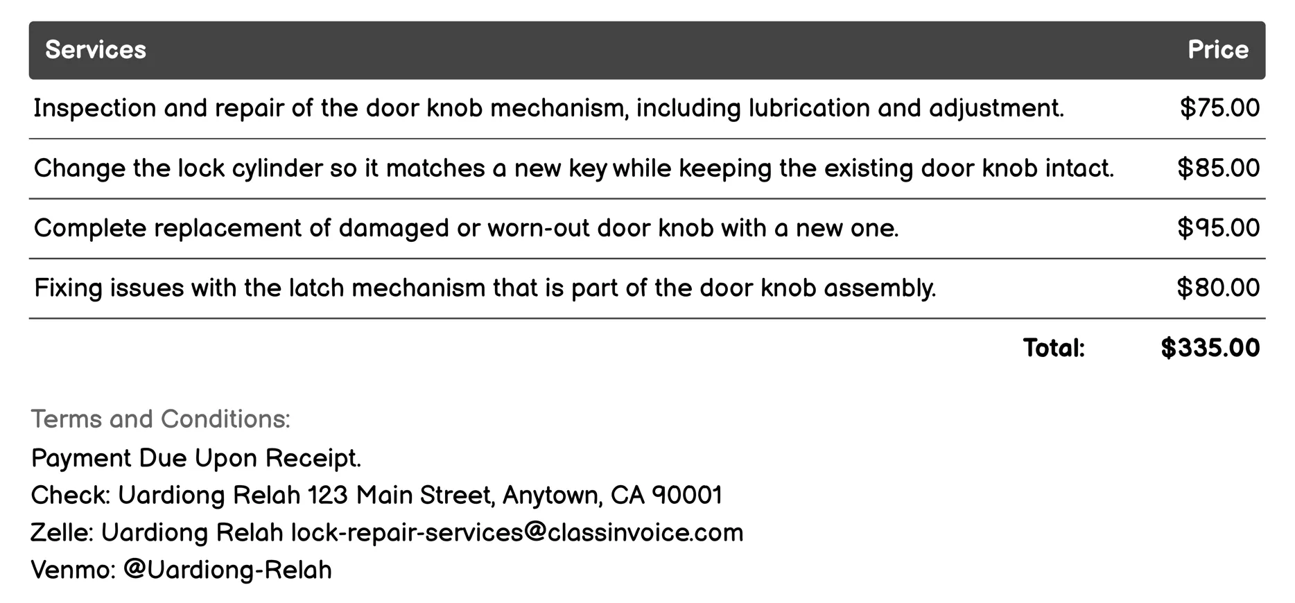 Door Knob Repair Invoice Example