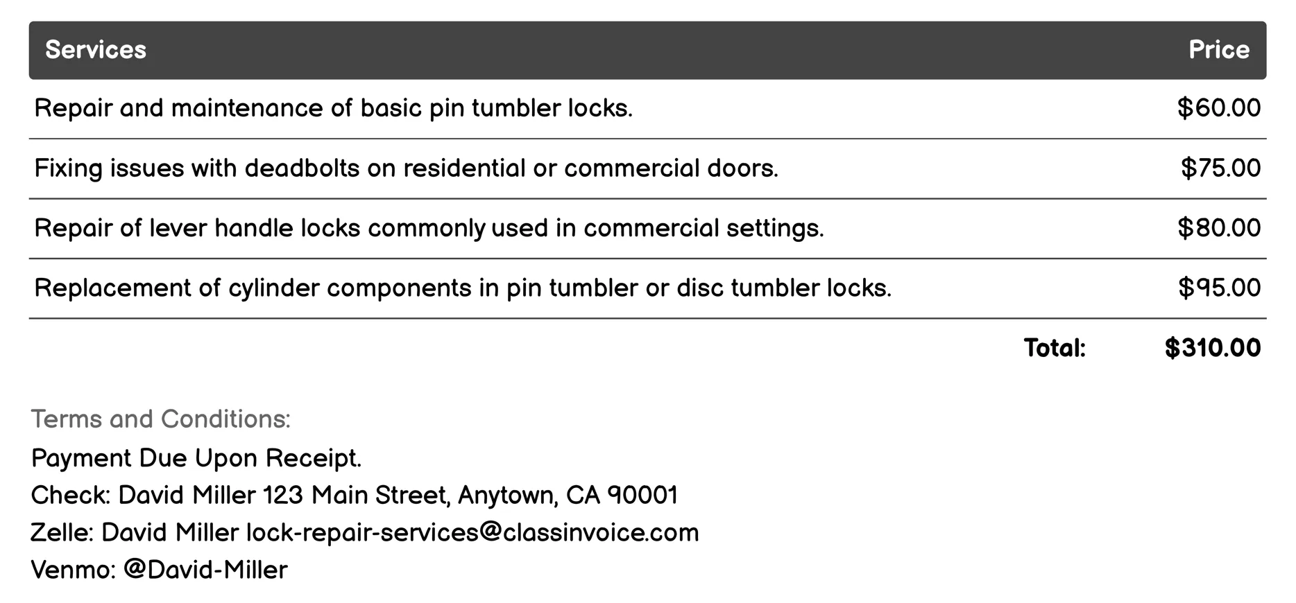 Key Duplication Services Invoice Example