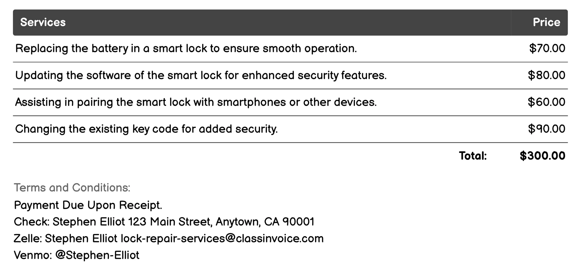 Smart Lock Repair Invoice Example
