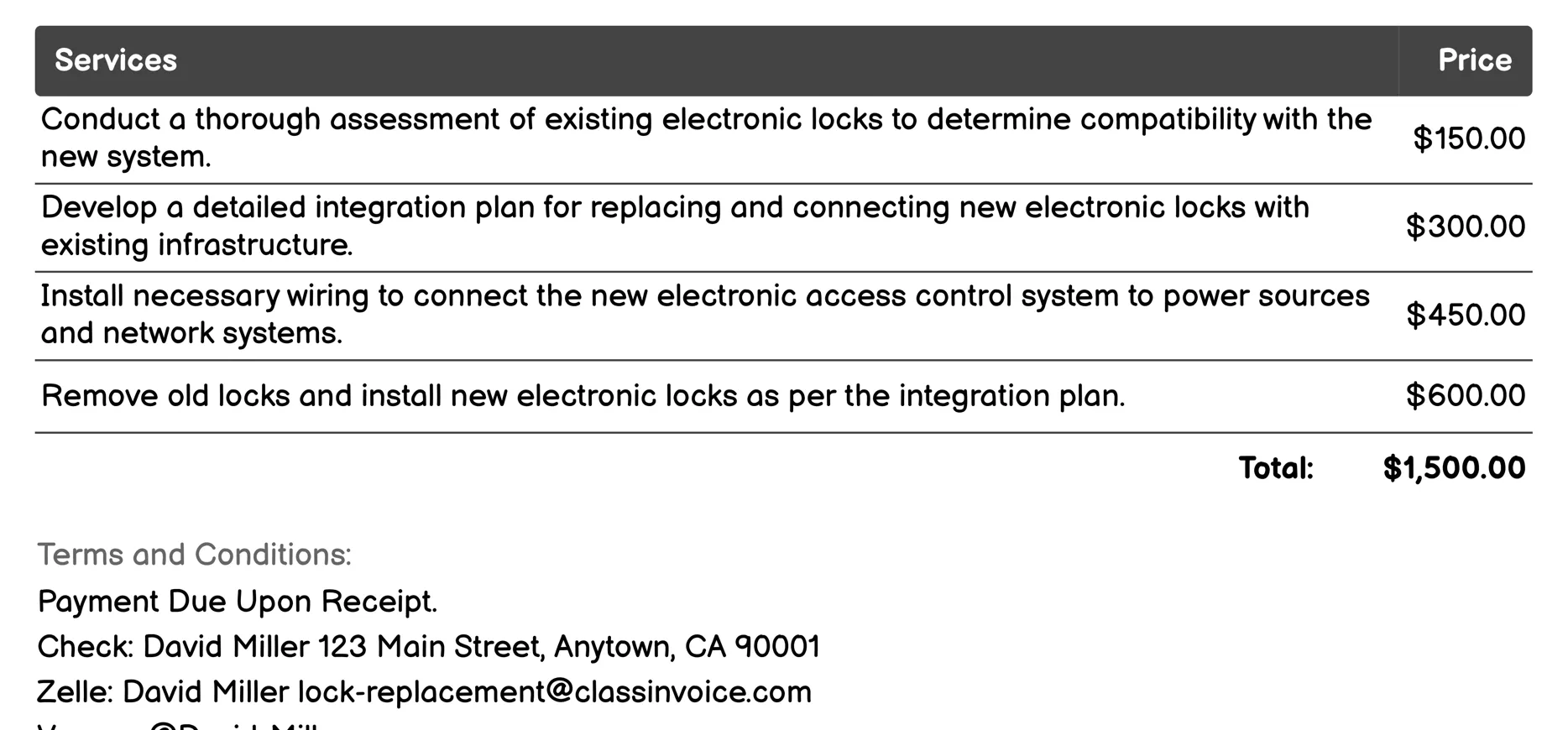 Electronic Access Control System Replacement Invoice Example