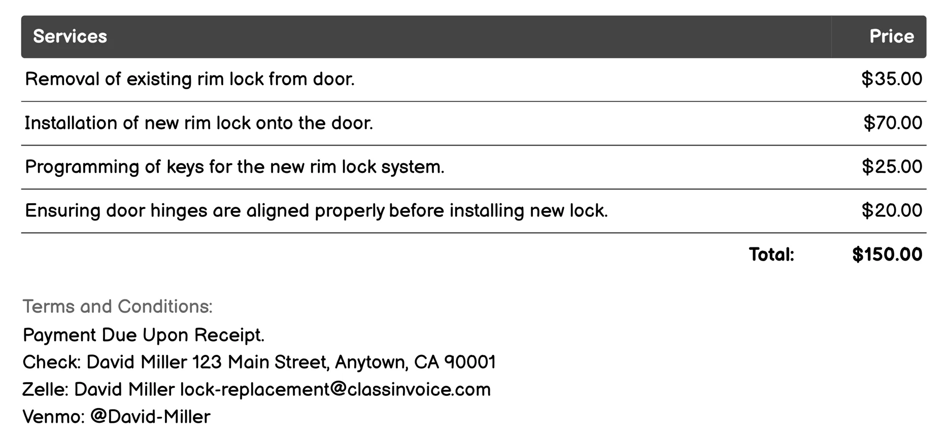 Rim Lock Replacement Invoice Example