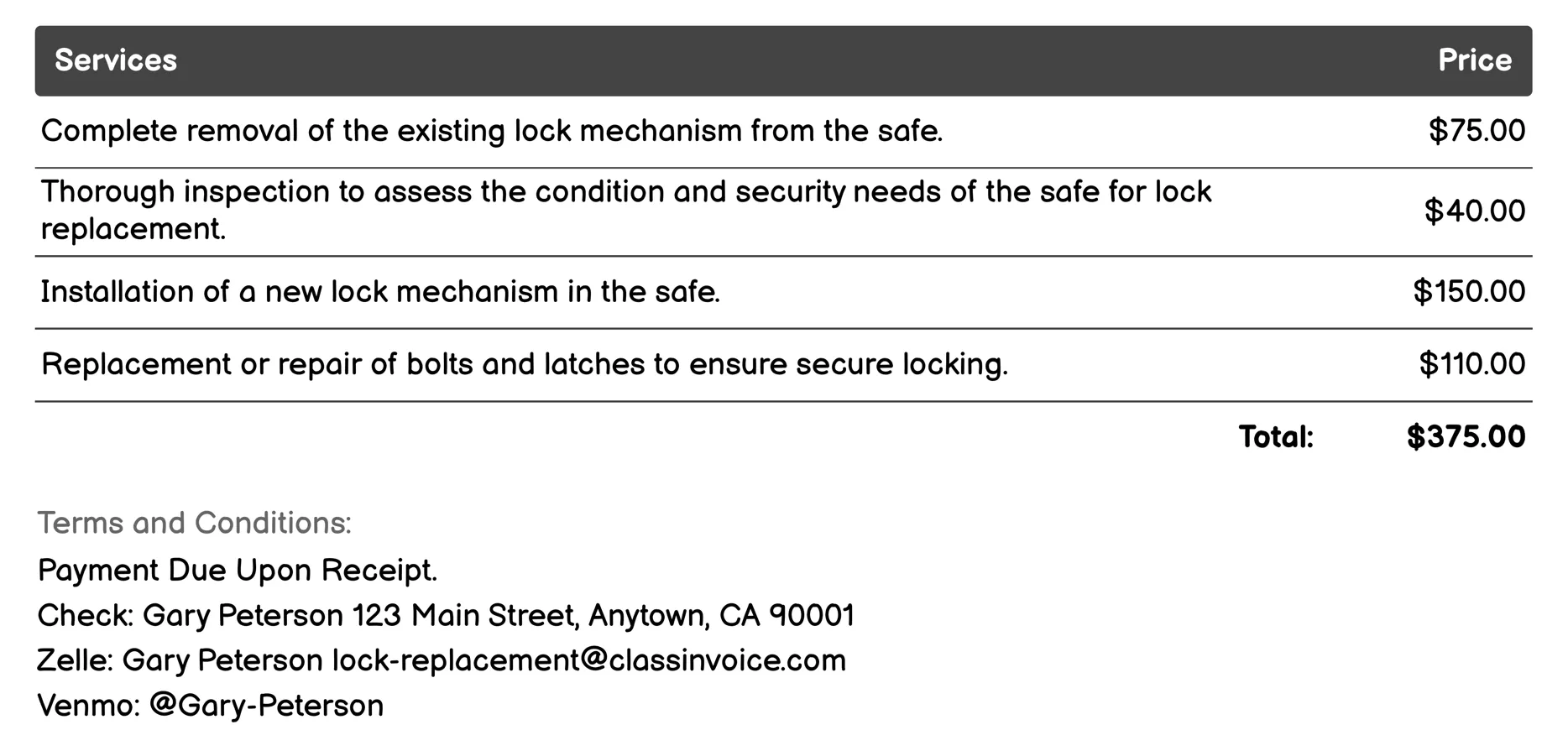 Safe Lock Replacement Invoice Example