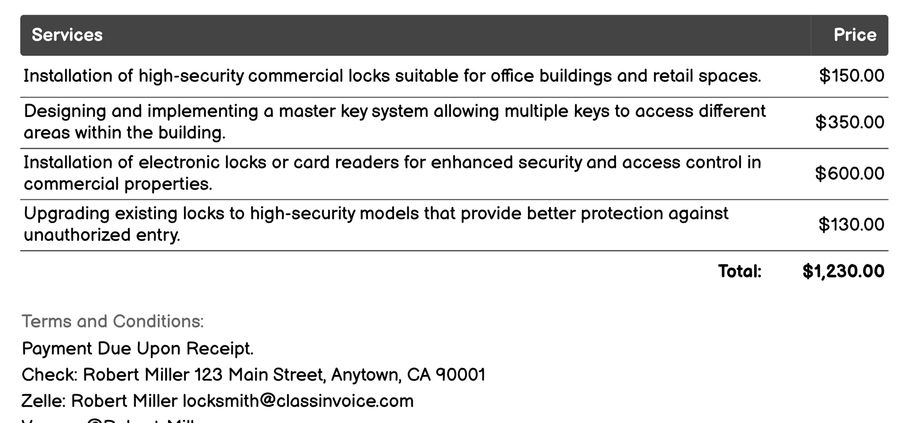 Commercial Locksmith Invoice Example