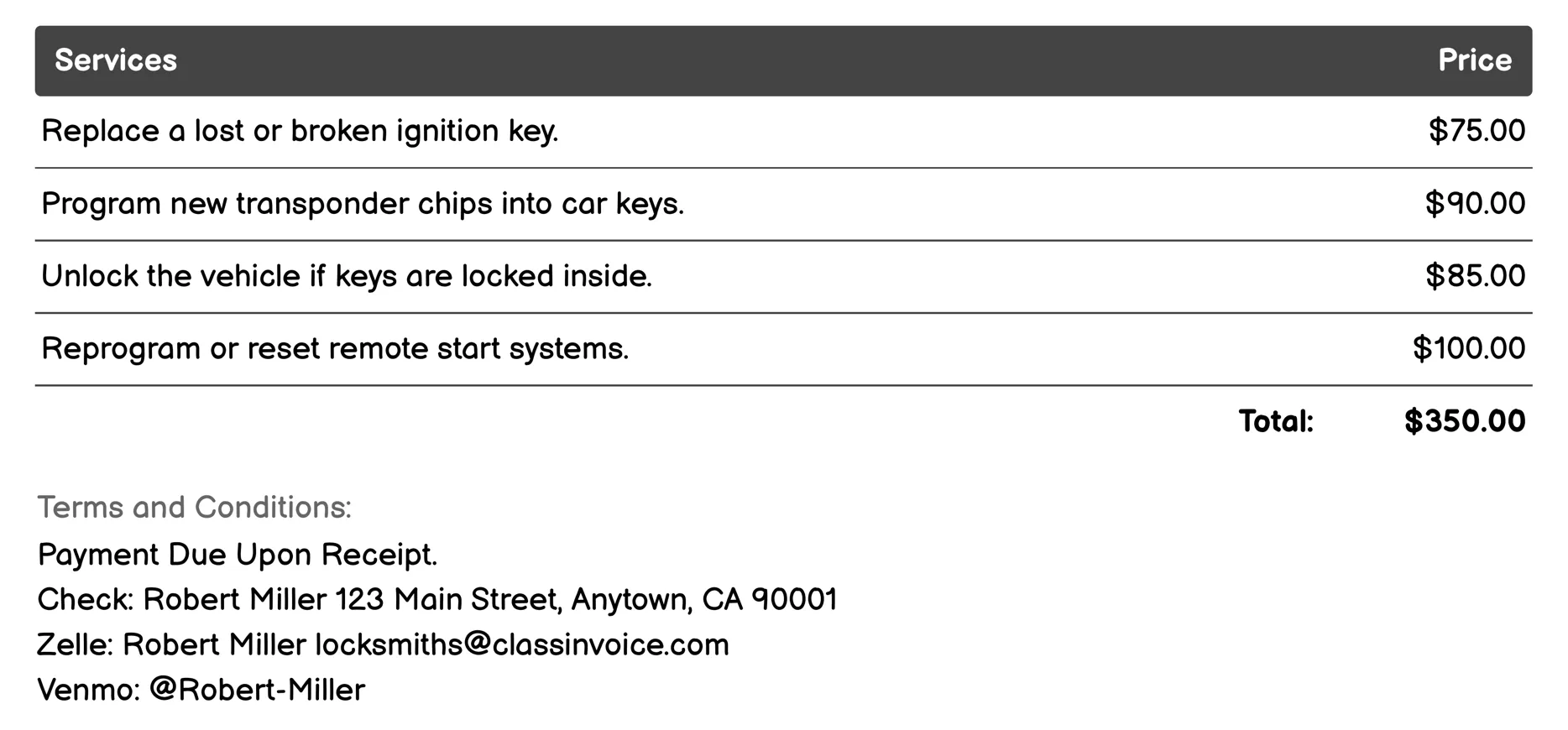 Automotive Locksmith Invoice Example