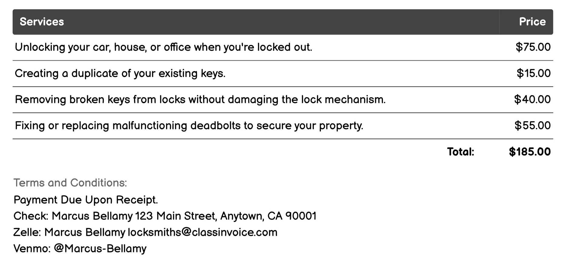 Emergency Locksmith Invoice Example