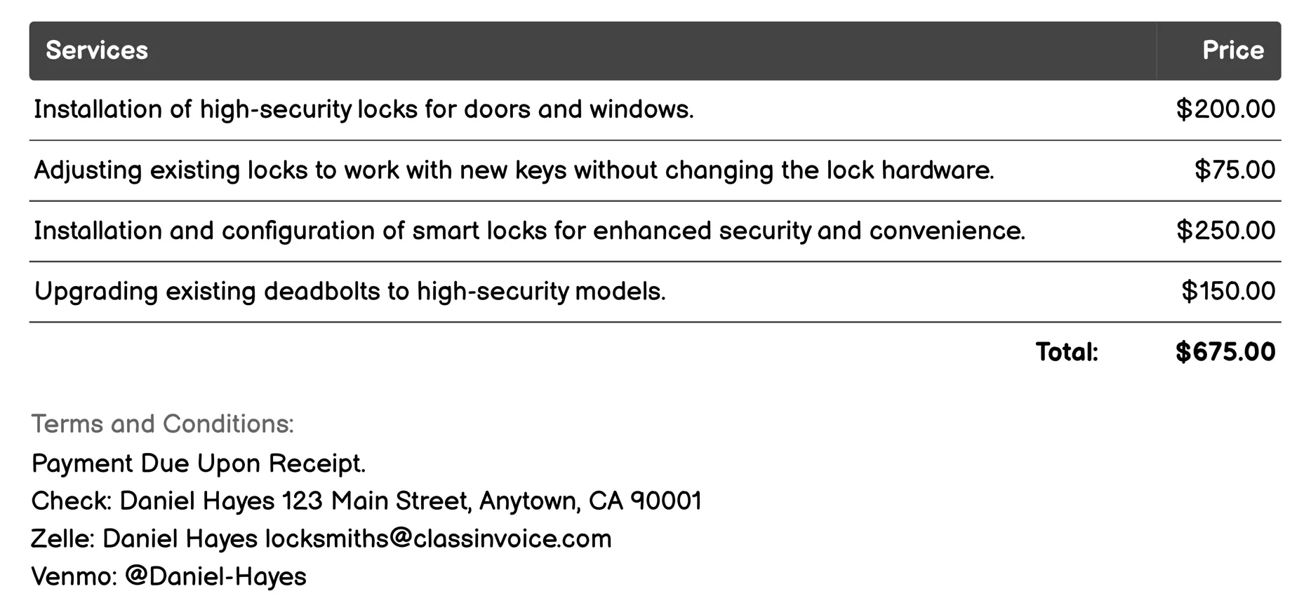 High Security Locksmith Invoice Example
