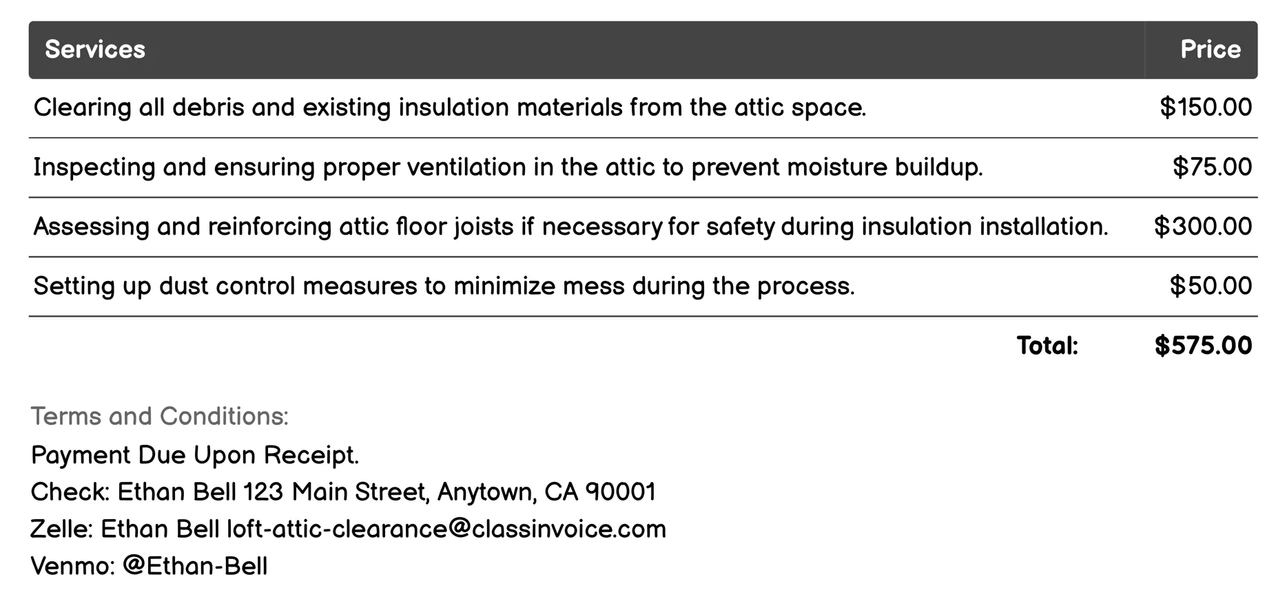 Insulation Installation Invoice Example