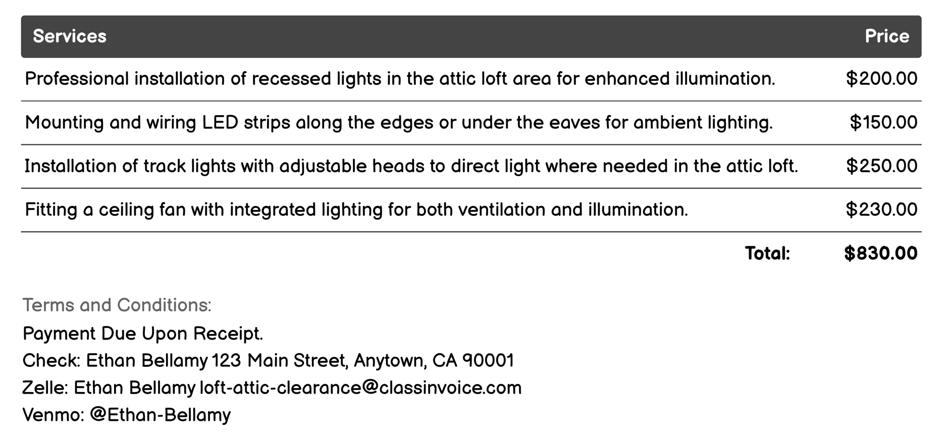 Lighting Installation Invoice Example