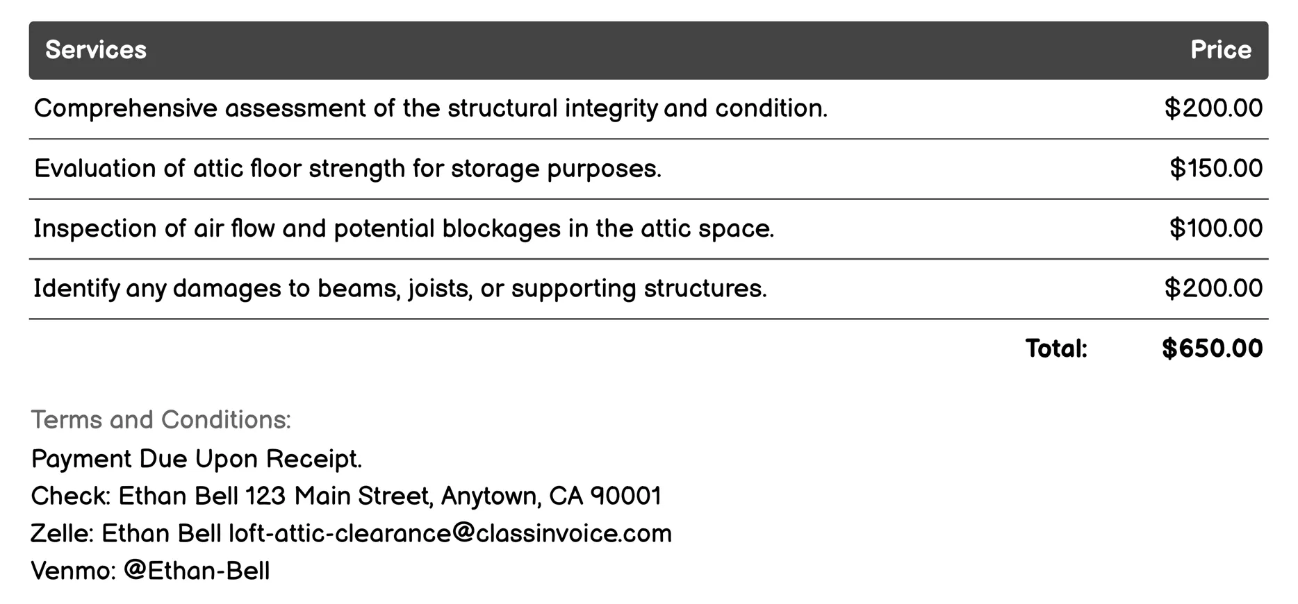 Structural Inspection Invoice Example