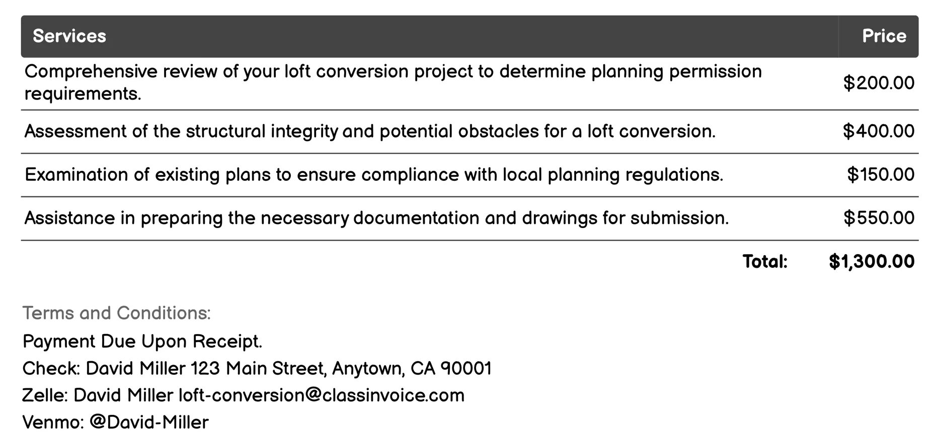 Planning Permission Consultation Invoice Example