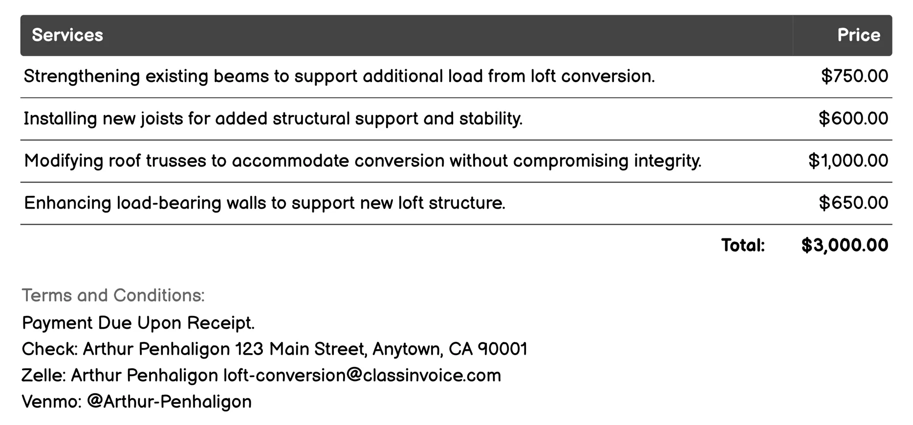 Structural Reinforcement Invoice Example