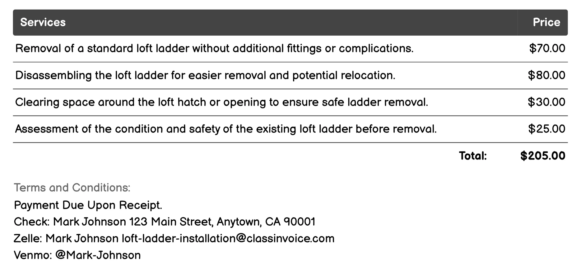 Loft Ladder Removal Services Invoice Example