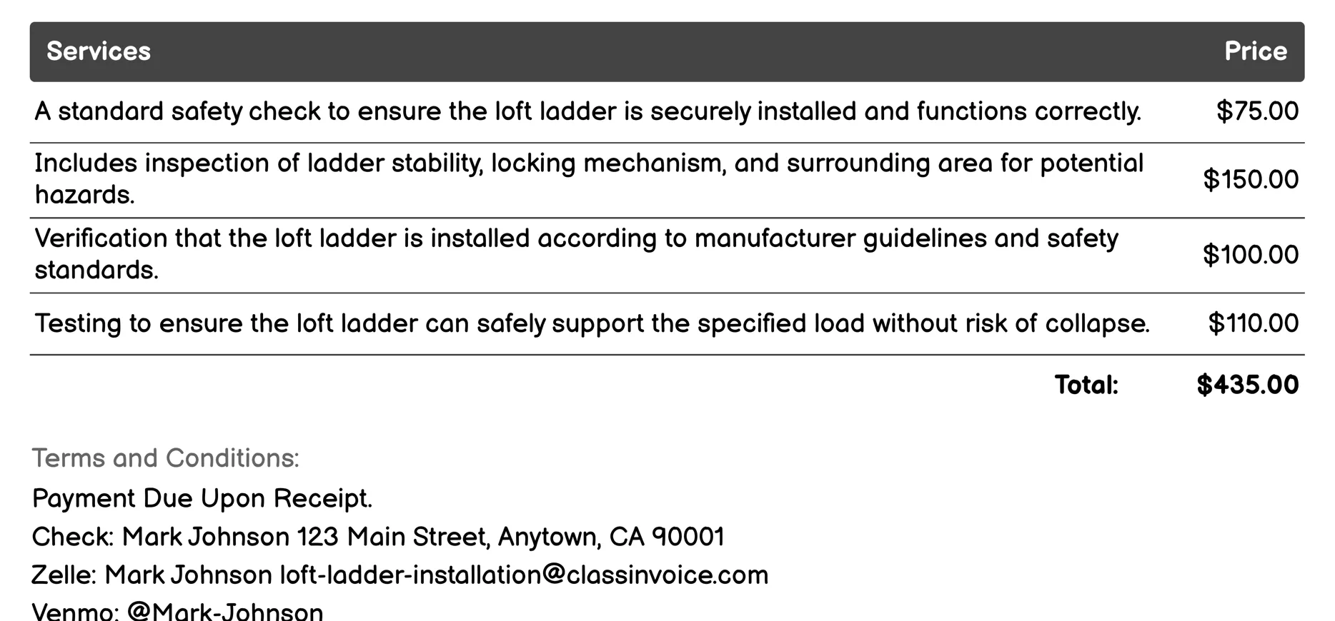 Loft Ladder Safety Checks Invoice Example