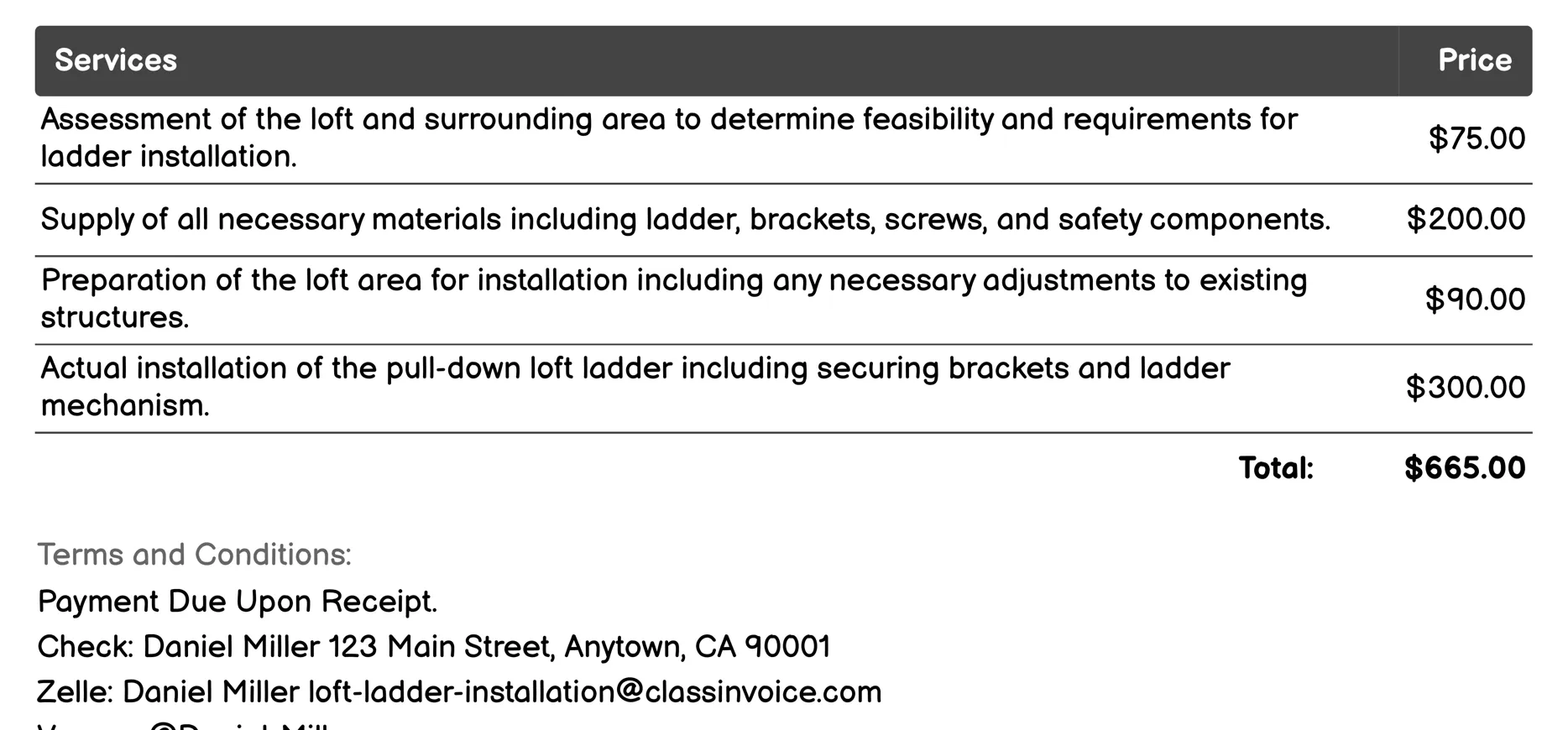 Pull-down Loft Ladder Services Invoice Example