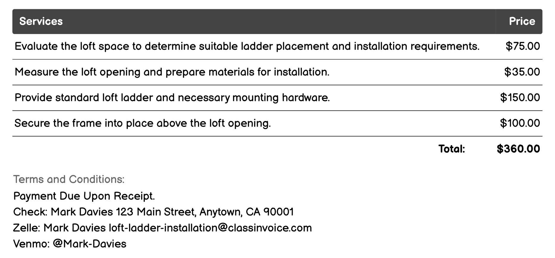 Standard Loft Ladder Installation Invoice Example