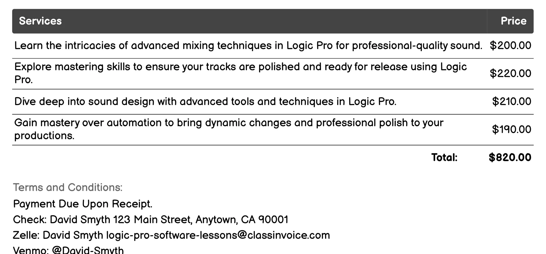 Advanced Production Skills Invoice Example