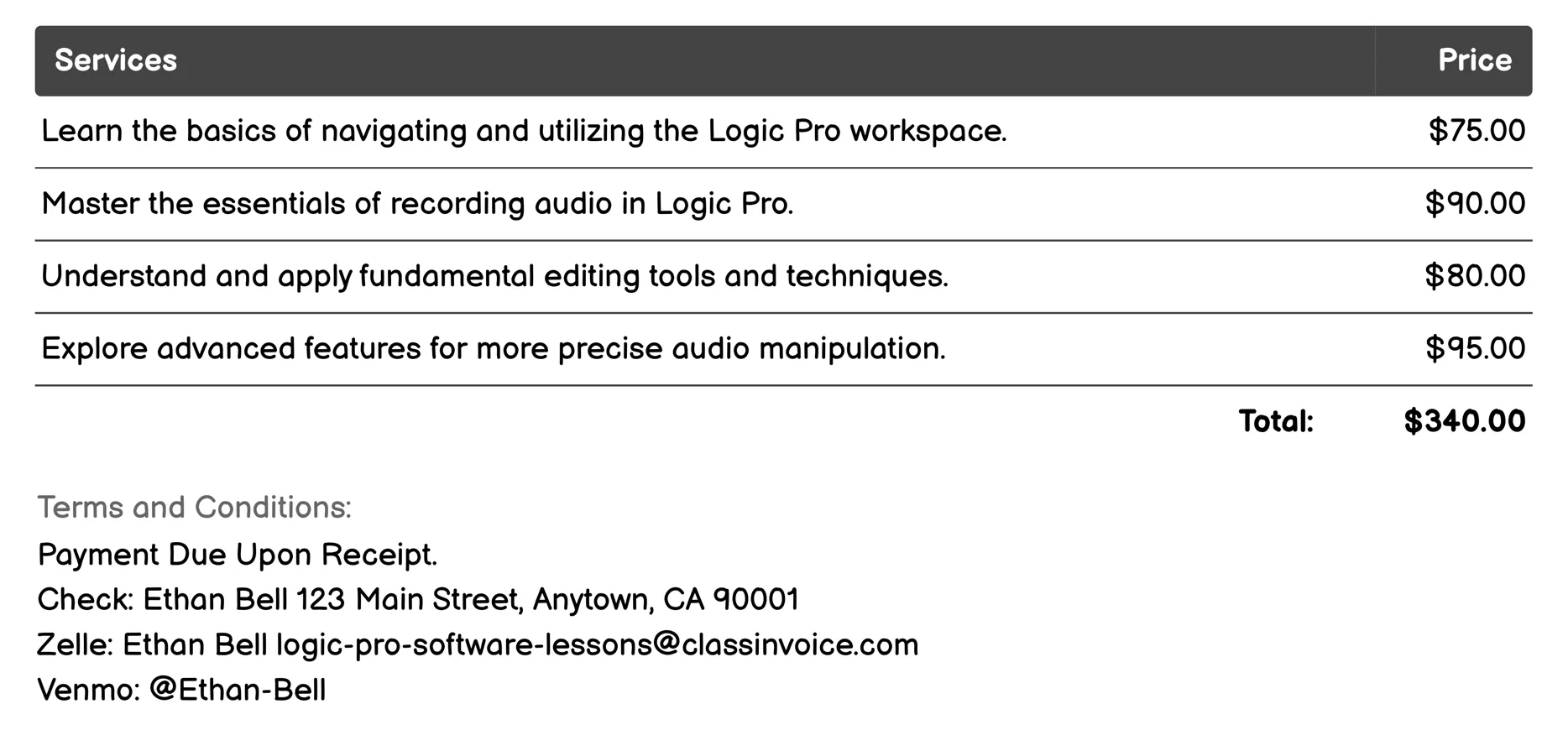 Audio Editing Techniques Invoice Example