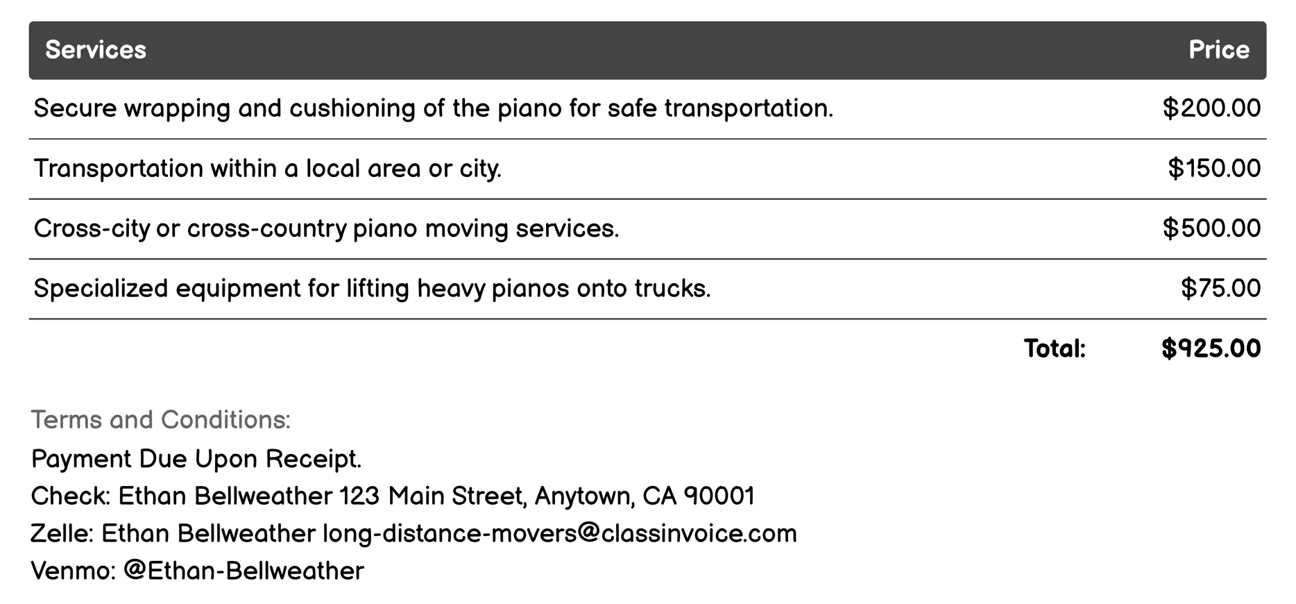 Piano Moving Invoice Example