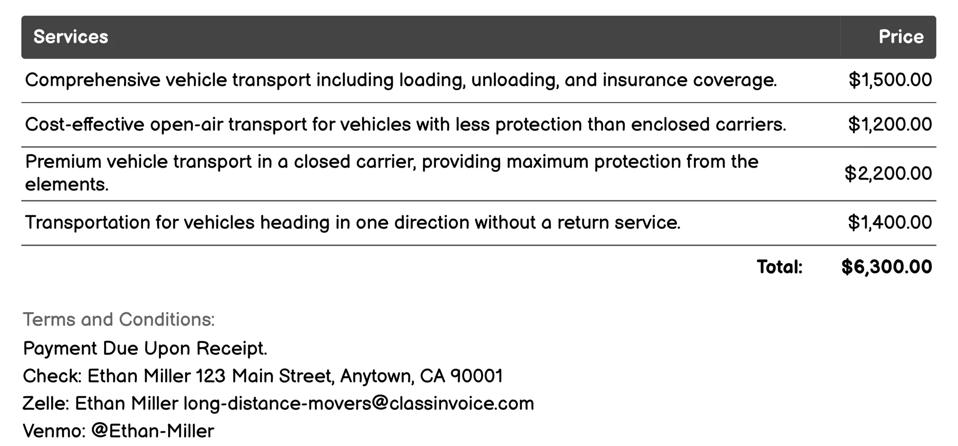 Vehicle Transportation Invoice Example