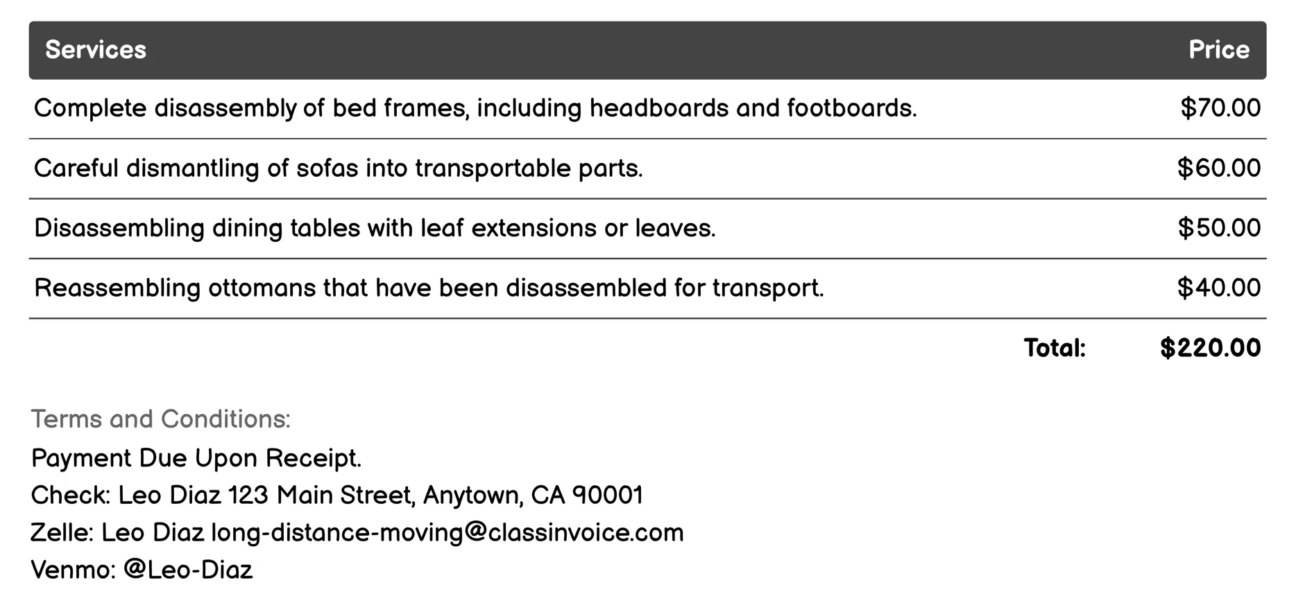 Furniture Disassembly/Reassembly Invoice Example