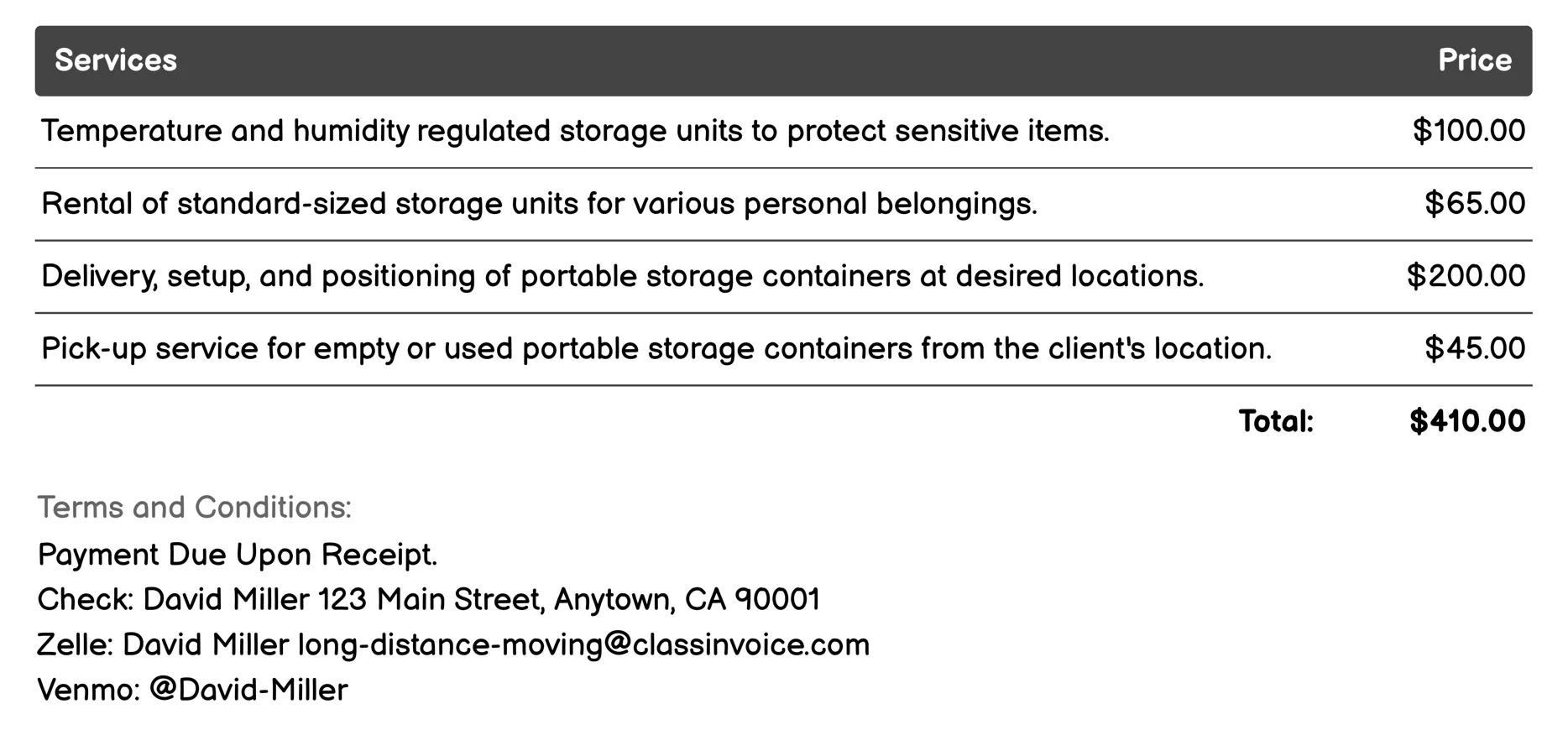 Storage Solutions Invoice Example