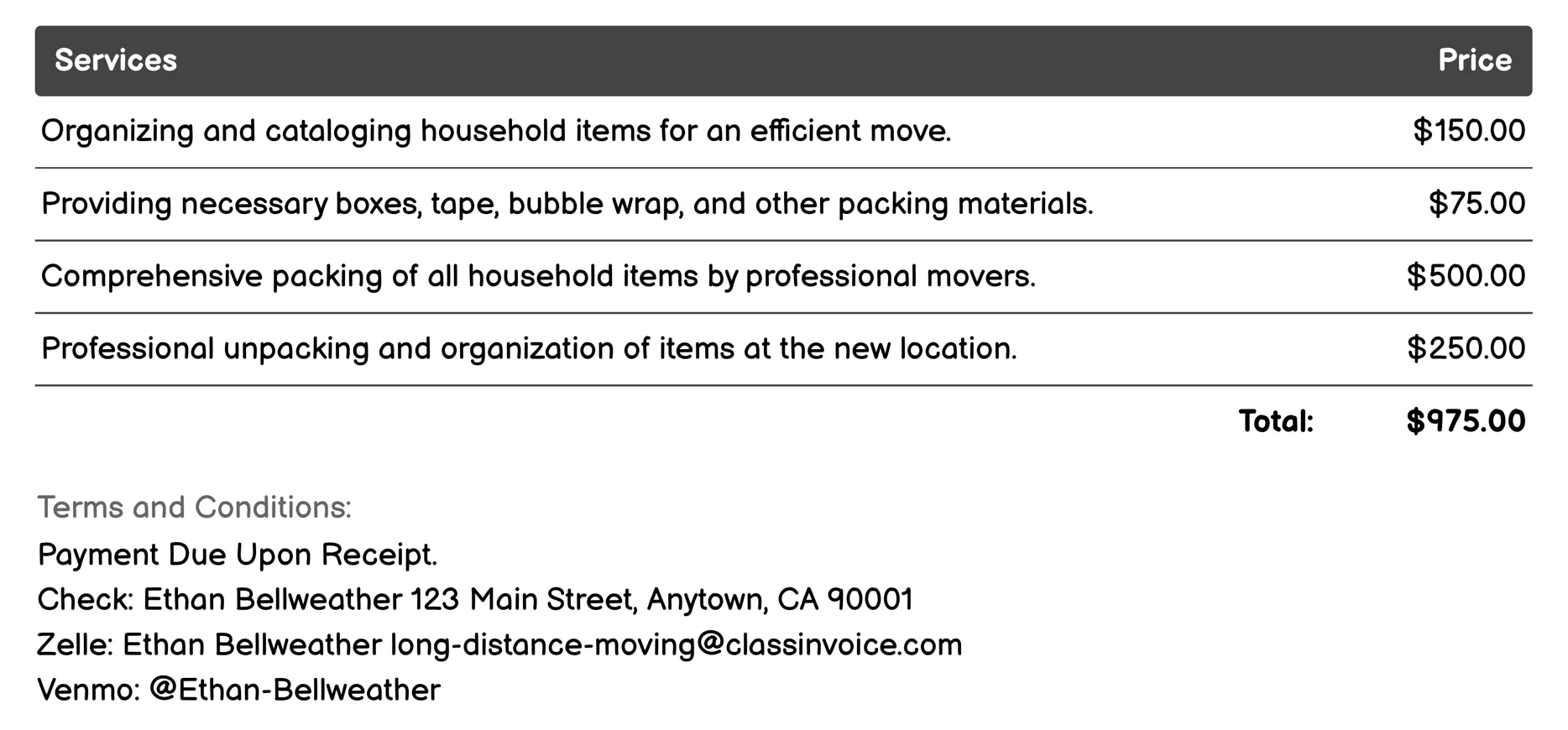 Virtual Moving Estimates Invoice Example