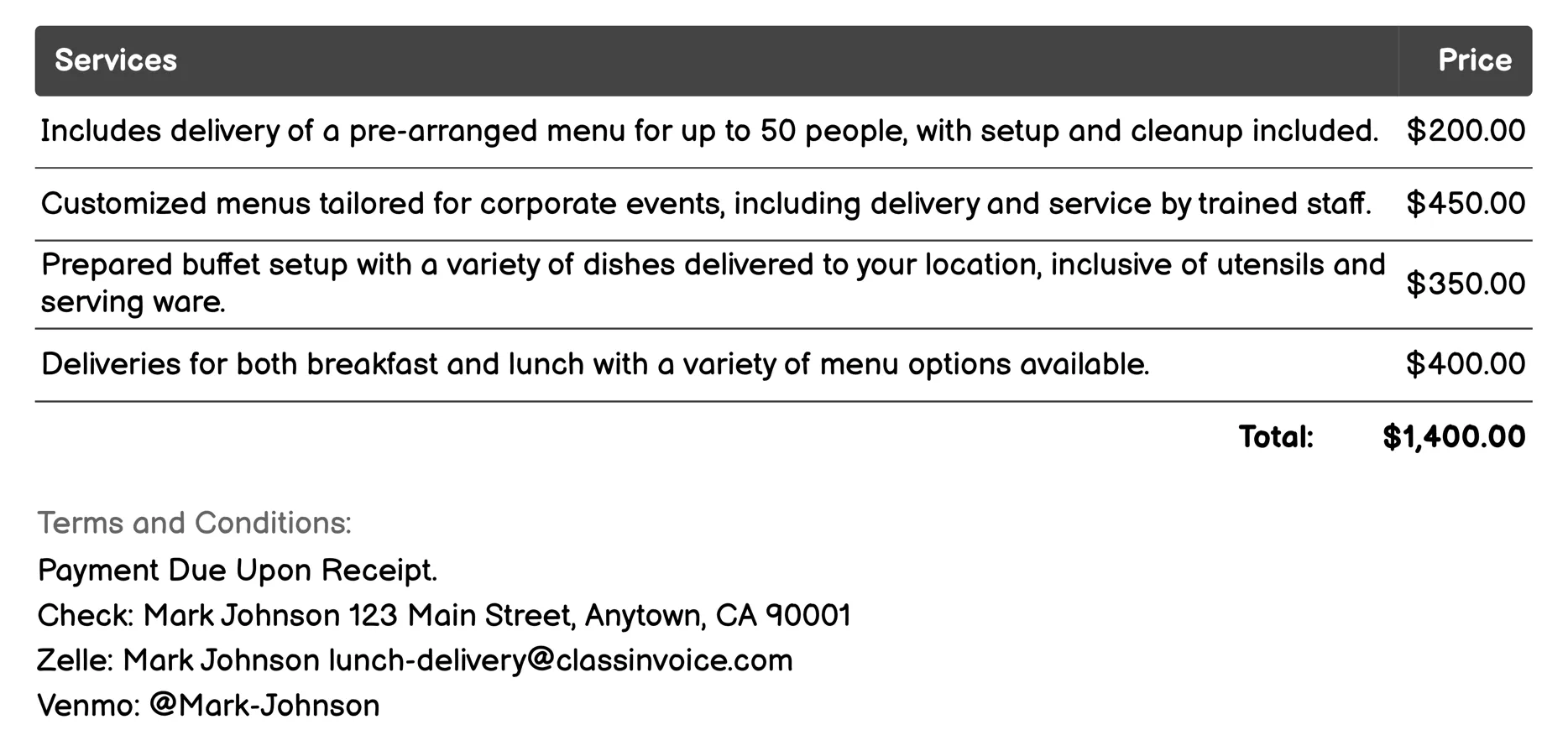 Catering Service Invoice Example