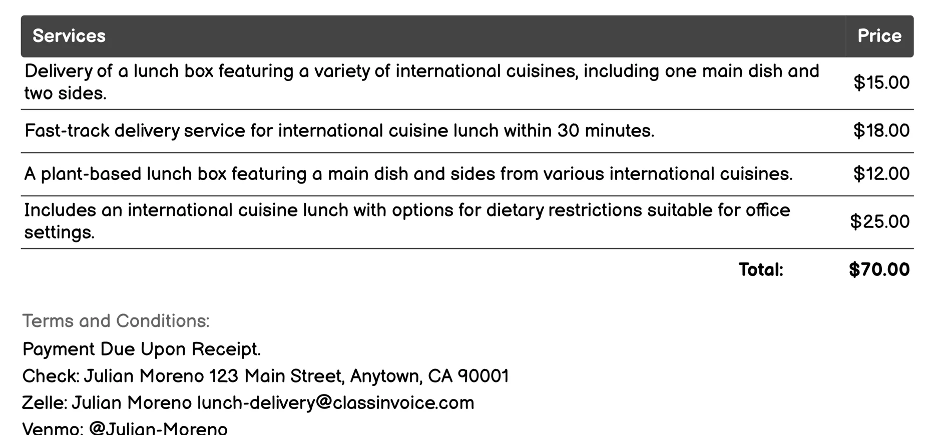 International Cuisine Service Invoice Example