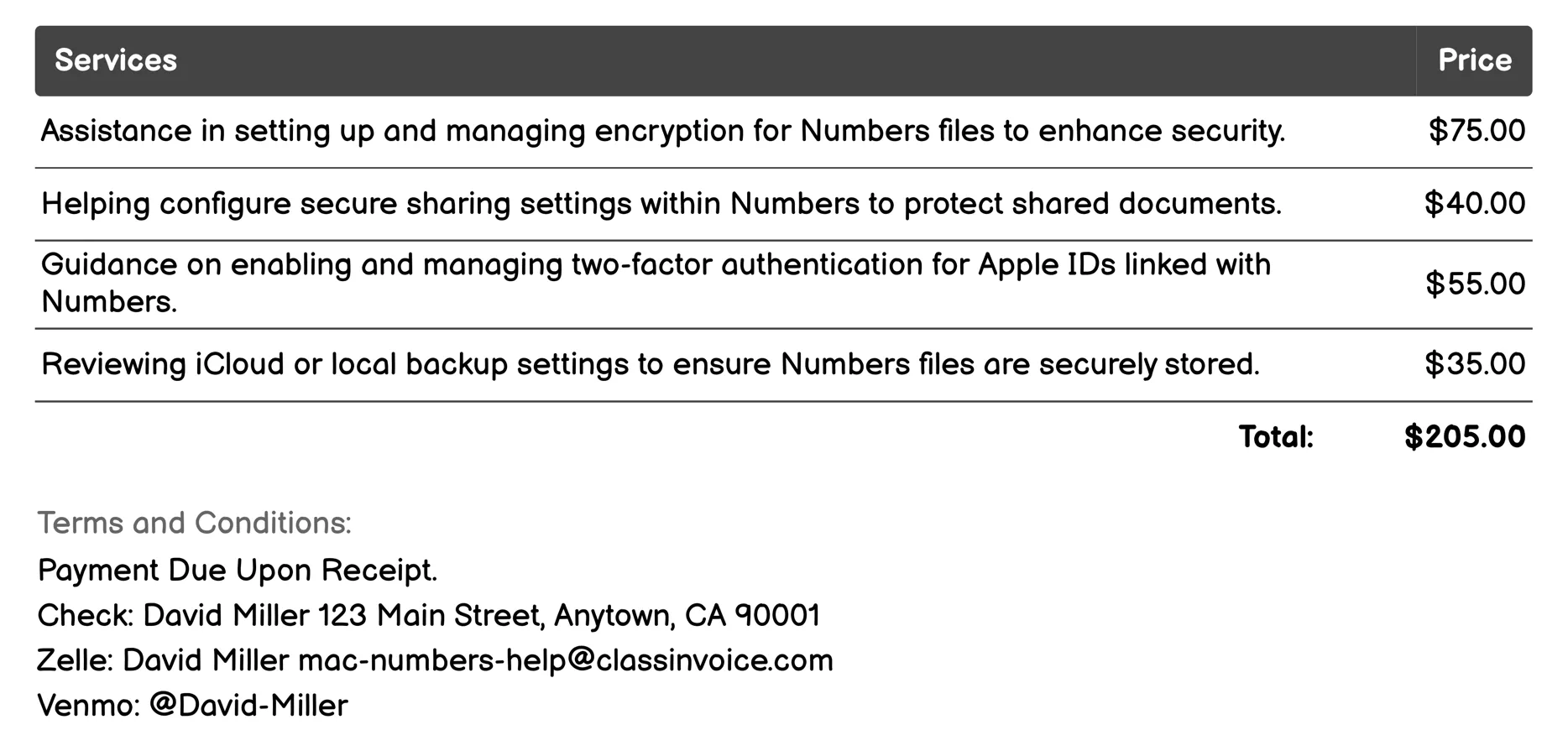 Security and Privacy Invoice Example