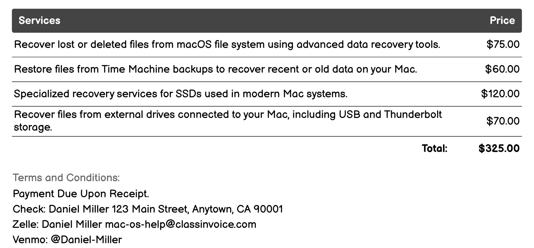 File Recovery Services Invoice Example
