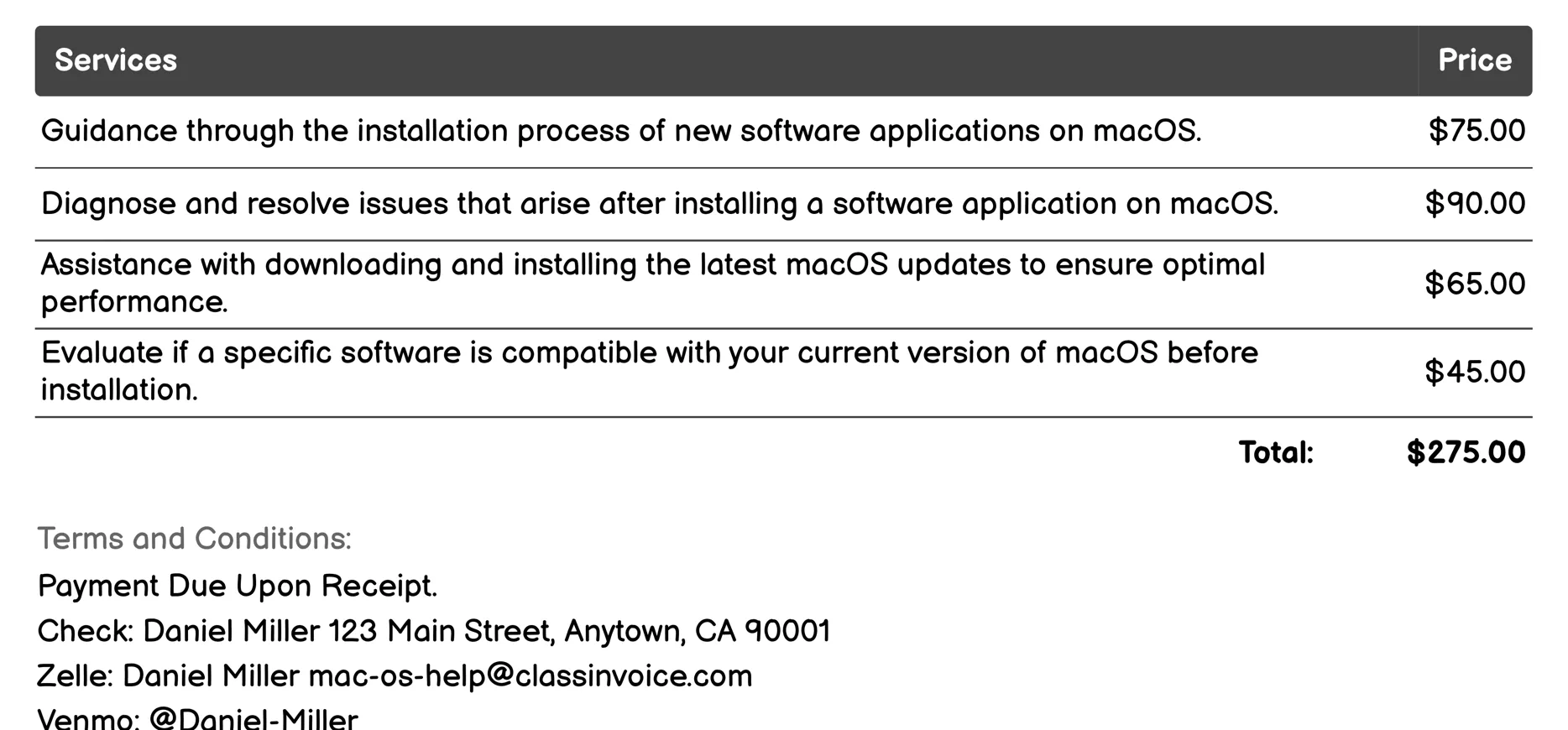 Software Installation Help Invoice Example