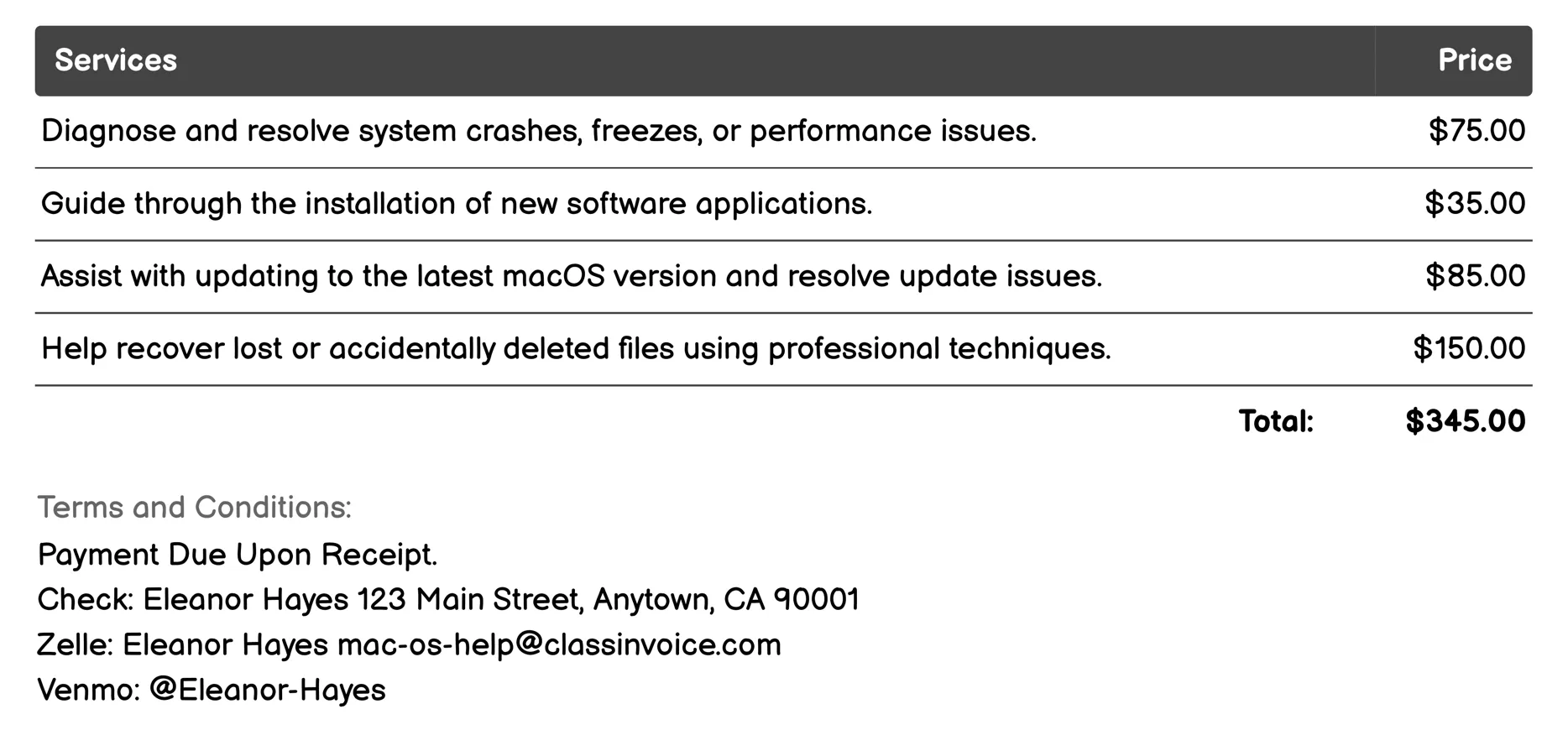Technical Support Invoice Example