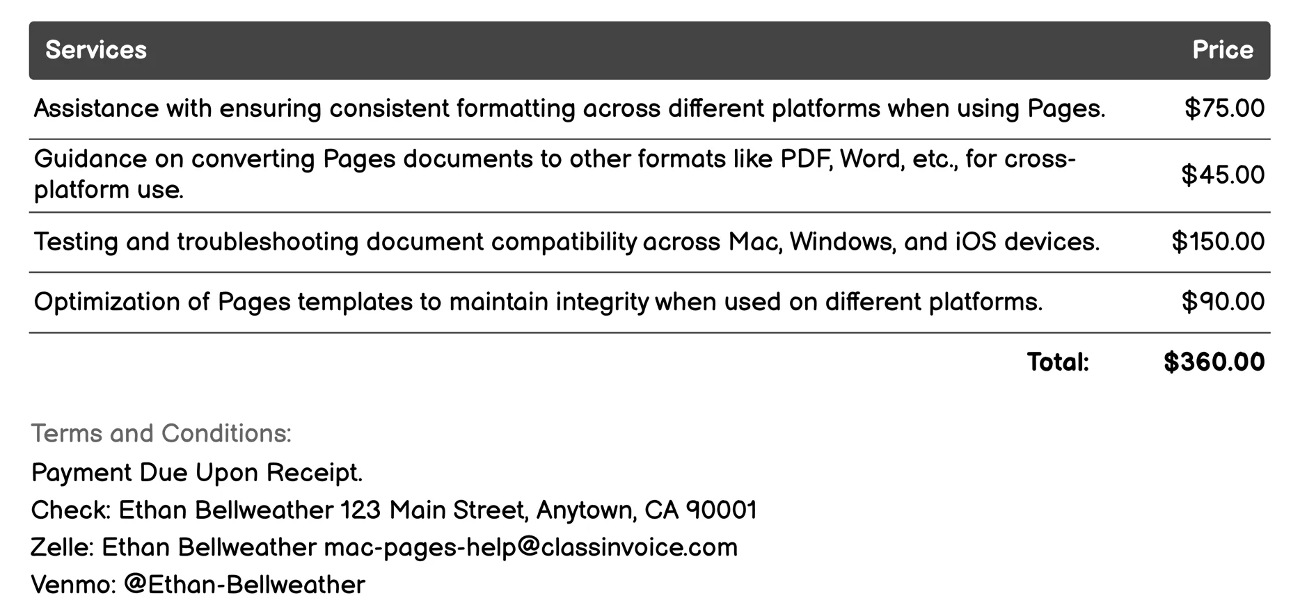 Cross-Platform Compatibility Advice Invoice Example