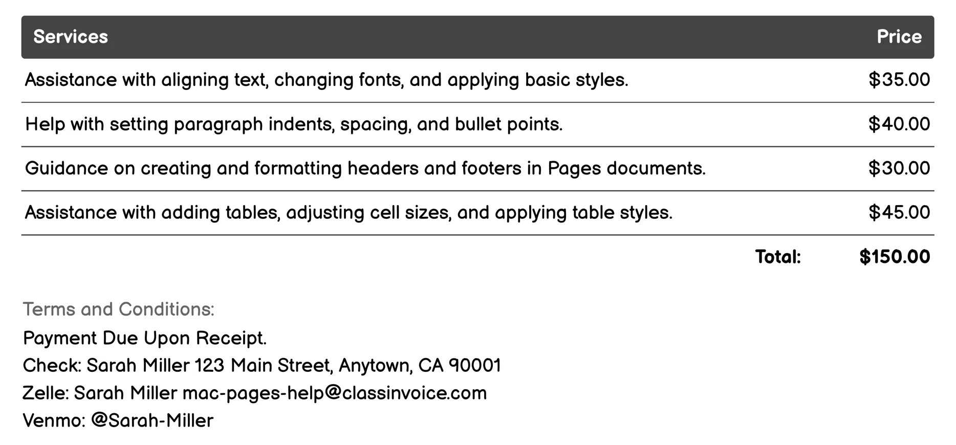 Formatting Assistance Invoice Example