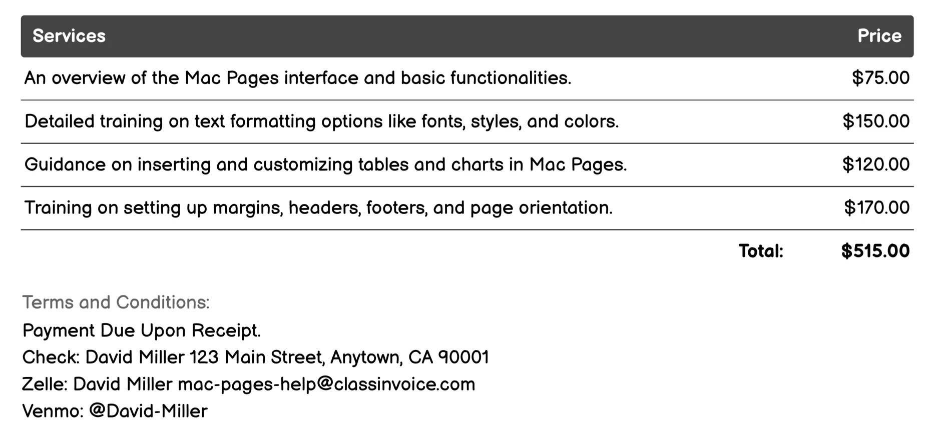 Training Sessions Invoice Example