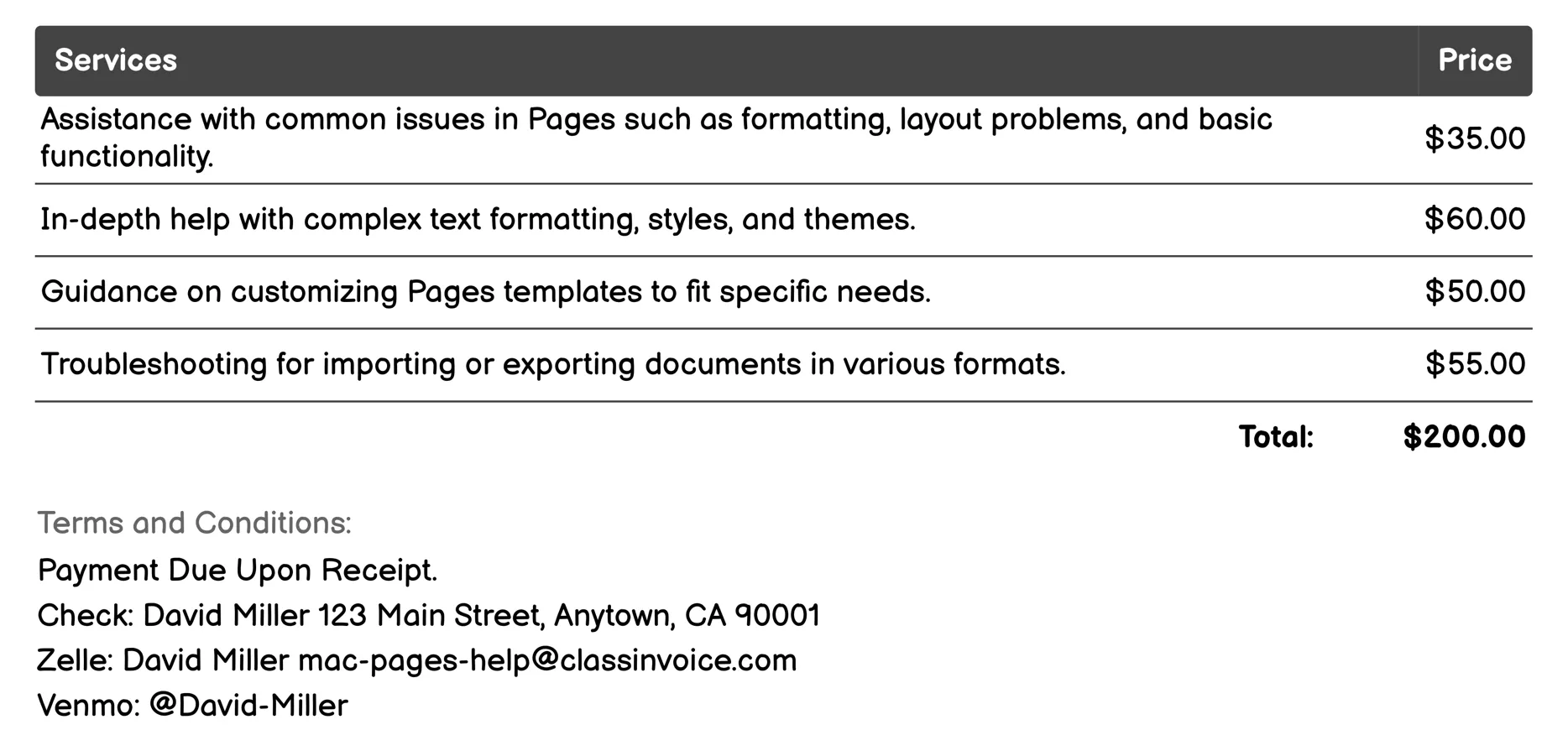 Troubleshooting Support Invoice Example