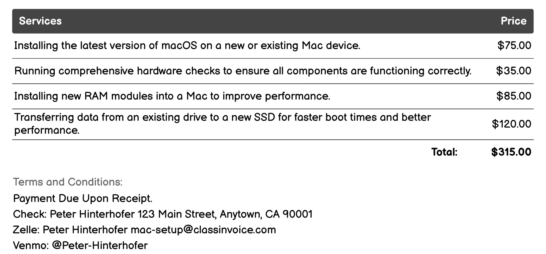 Hardware Installation Invoice Example