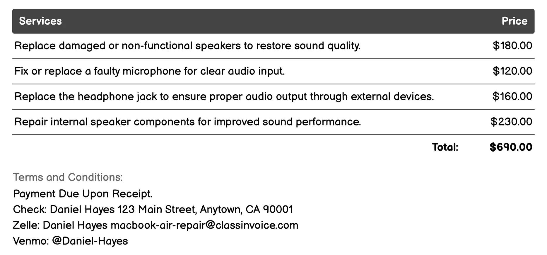 Audio Repair Invoice Example