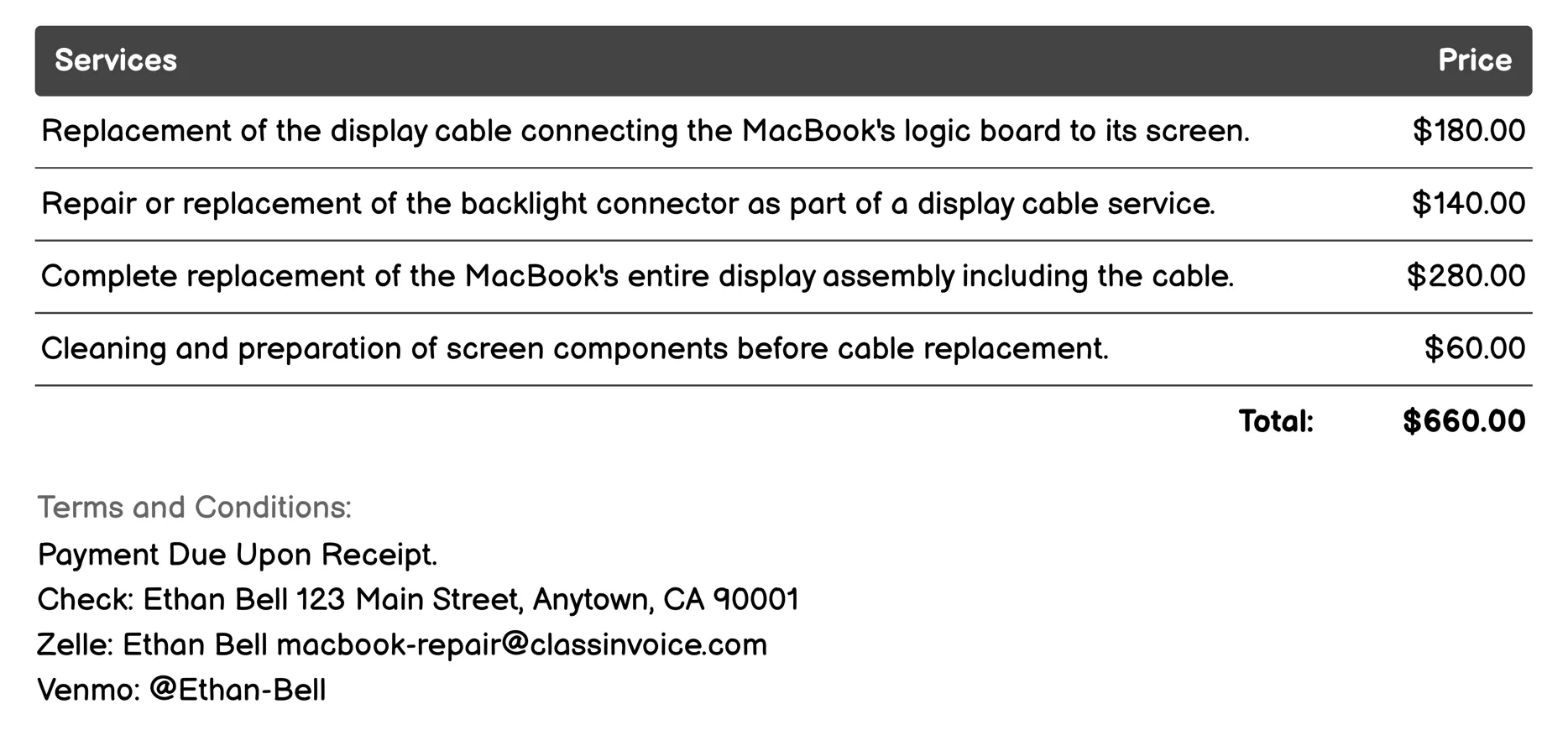 Display Cable Replacement Invoice Example