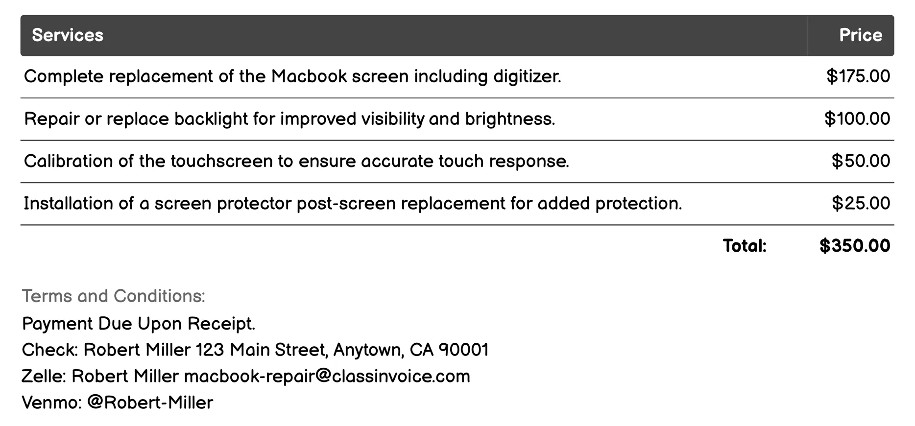 Screen Replacement Invoice Example