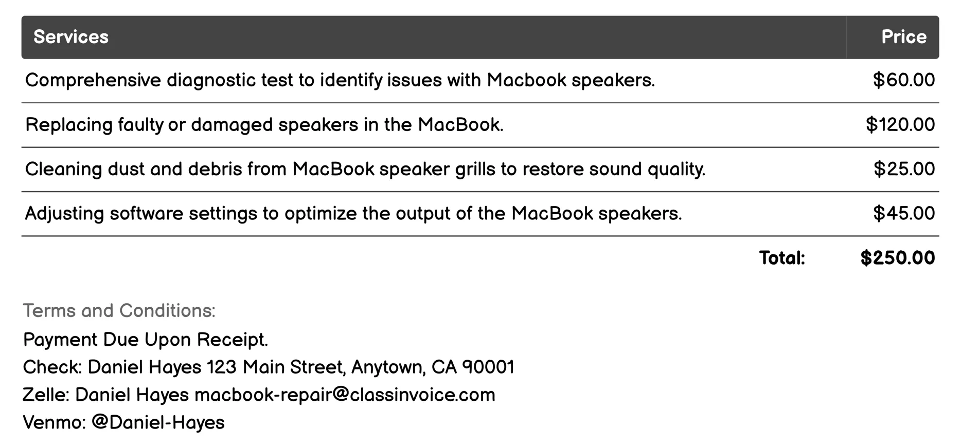 Speaker Repair Invoice Example
