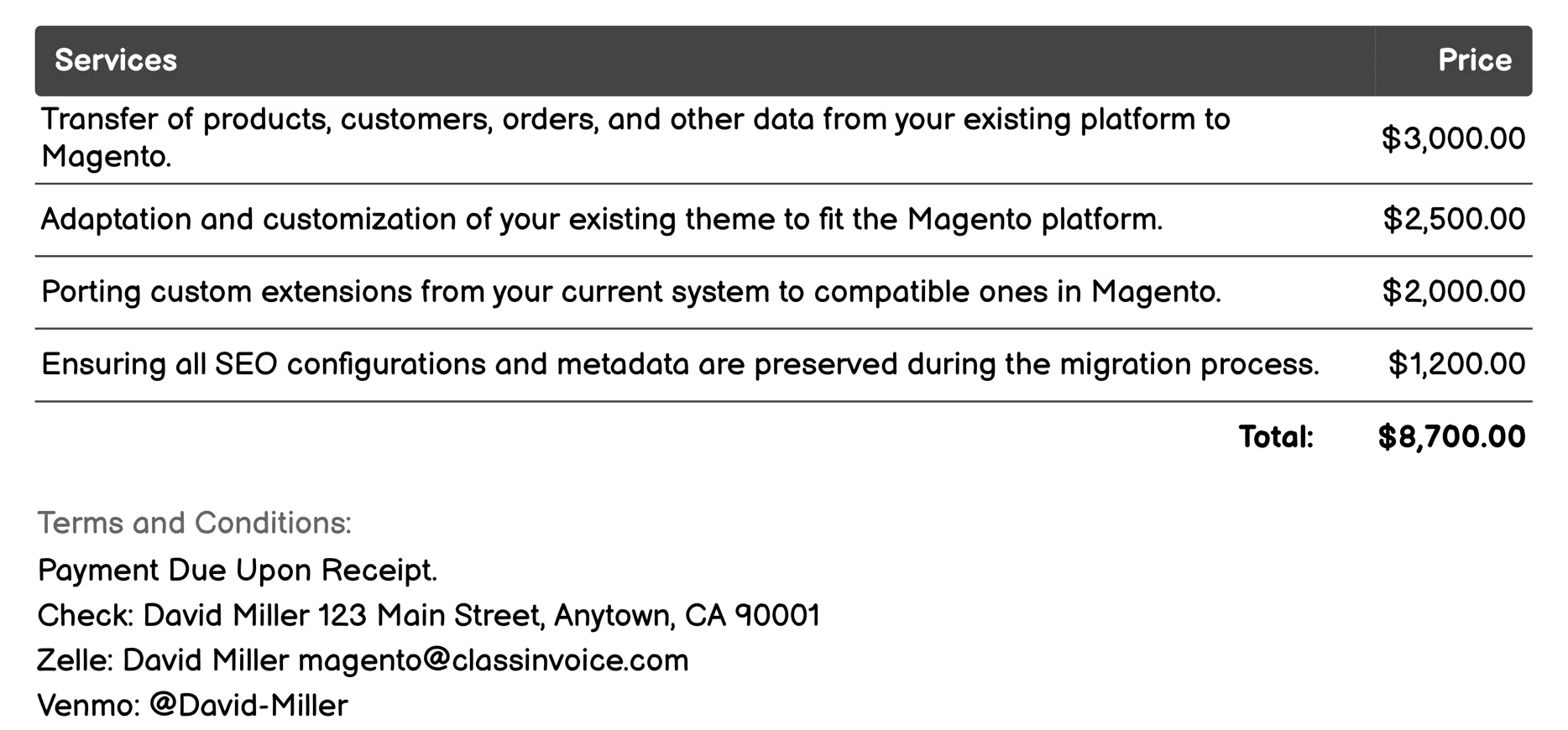 Migration Services Invoice Example