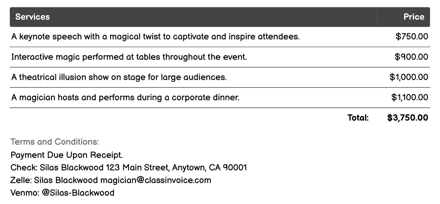 Corporate Entertainment Invoice Example