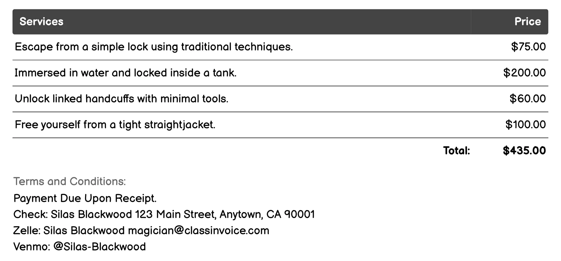 Escapology Invoice Example